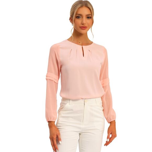 Work Tops Chiffon Shirt Semi Sheer Keyhole Neck Blouse Light Pink - Picture 1 of 6